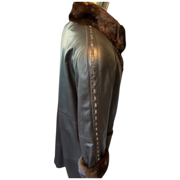 EUC Deep Brown Leather Maxi Coat With Mink Trim Whipstitch Detail Fits Wmns M/L - Picture 3 of 12